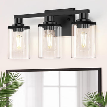 17 Inch Bathroom Light Fixtures, 3-Light Black Bathroom Lighting Fixtures Over Mirror with Clear Glass Shade, Vanity