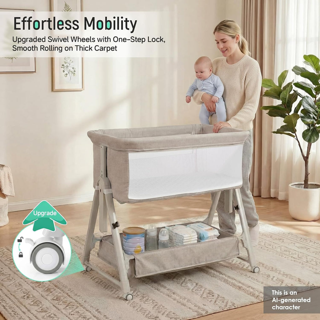Bassinet Bedside Sleeper,3-in-1 Baby Bassinet with Mattress & Wheels,Easy Folding Portable Bedside Bassinet for Baby