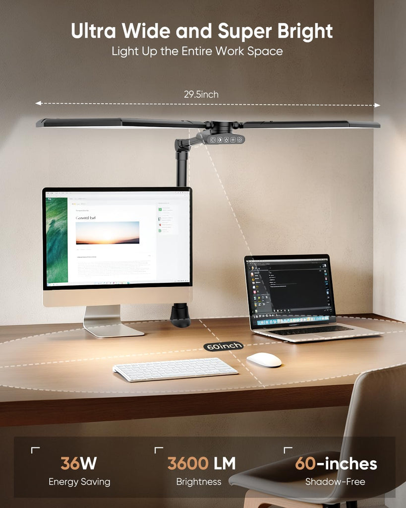 36W LED Desk Lamp with Clamp, Dual-Head Architect Lamp with Remote, Black
