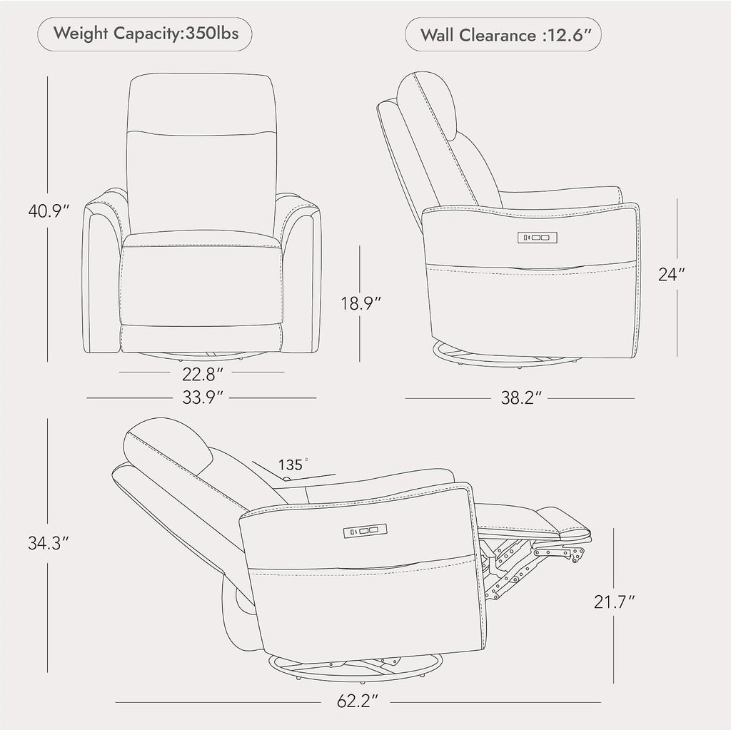Genuine Leather Power Recliner Chairs for Adults, Swivel Glider Recliner Chair with Charging Ports, Saddle