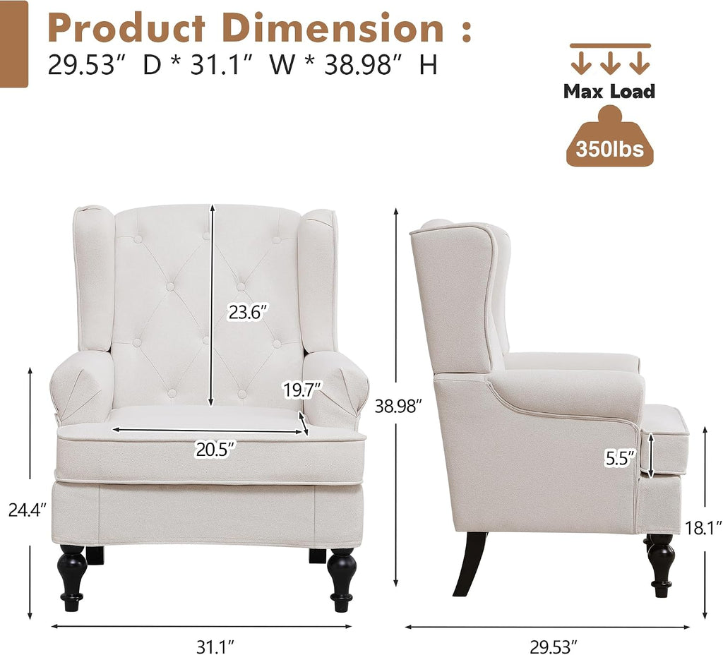 Accent Chair Set of 2, Mid Century Modern Fabric Wingback Chair, Upholstered Armchair with High Back and Vintage