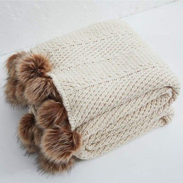 Fur Pom Pom Knit Throw Blanket Super Soft Warm Cozy Cable Knitted Blanket