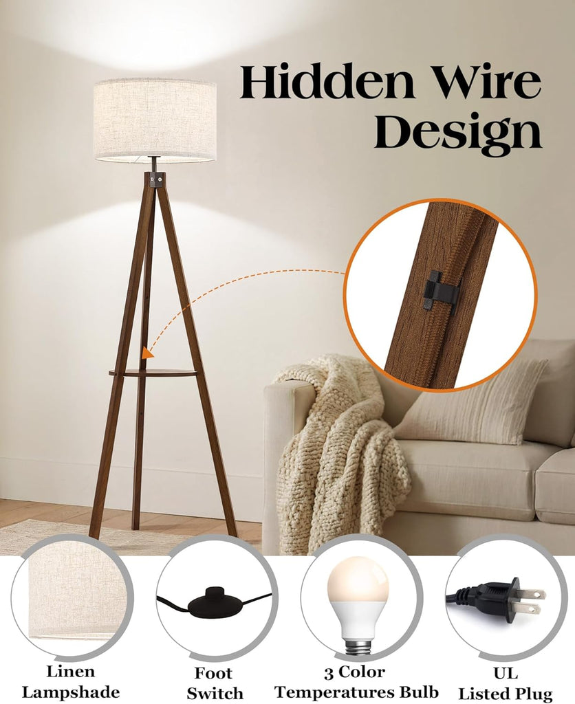 Tripod Floor Lamp with Table, Mid Century Wood Shelf Standing Light Modern Tall Floor Lamp with Linen Shade Bedroom
