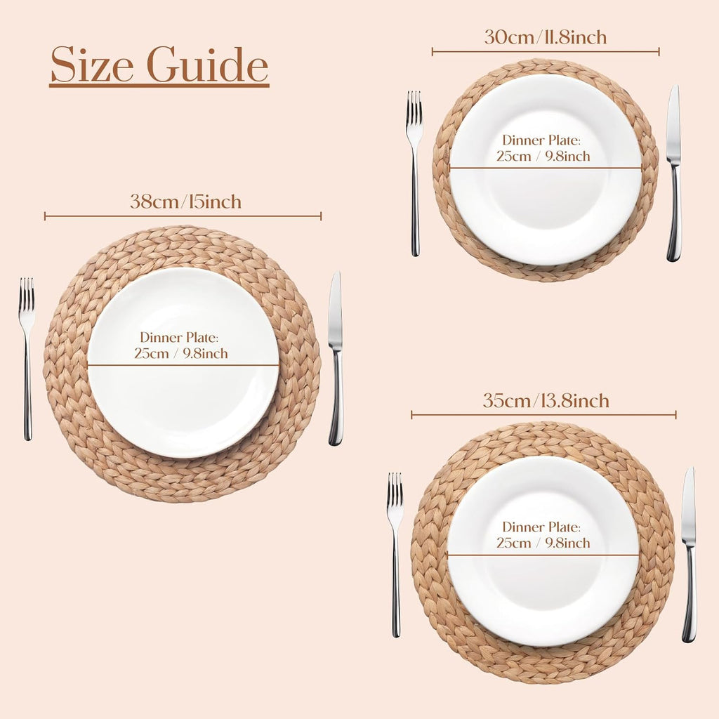 Round Woven Placemats Set of 4, Natural Water Hyacinth Place Mats, Boho Wicker Placemats, Table Mats for Dining Table