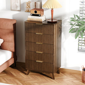 Fluted Tall Dresser 5 Drawer, 23.66" W Chest of Drawers, Walnut Wood Dresser Mid Century Modern with Rounded Edge