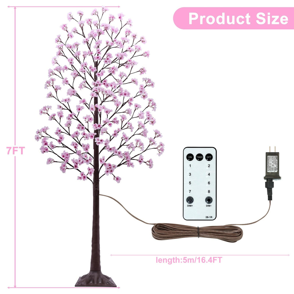 7FT Lighted Cherry Blossom Tree - Faux Artificial Light Up Pink Tree with 144 Lights, 432 Lush Flowers, Timer, Remote