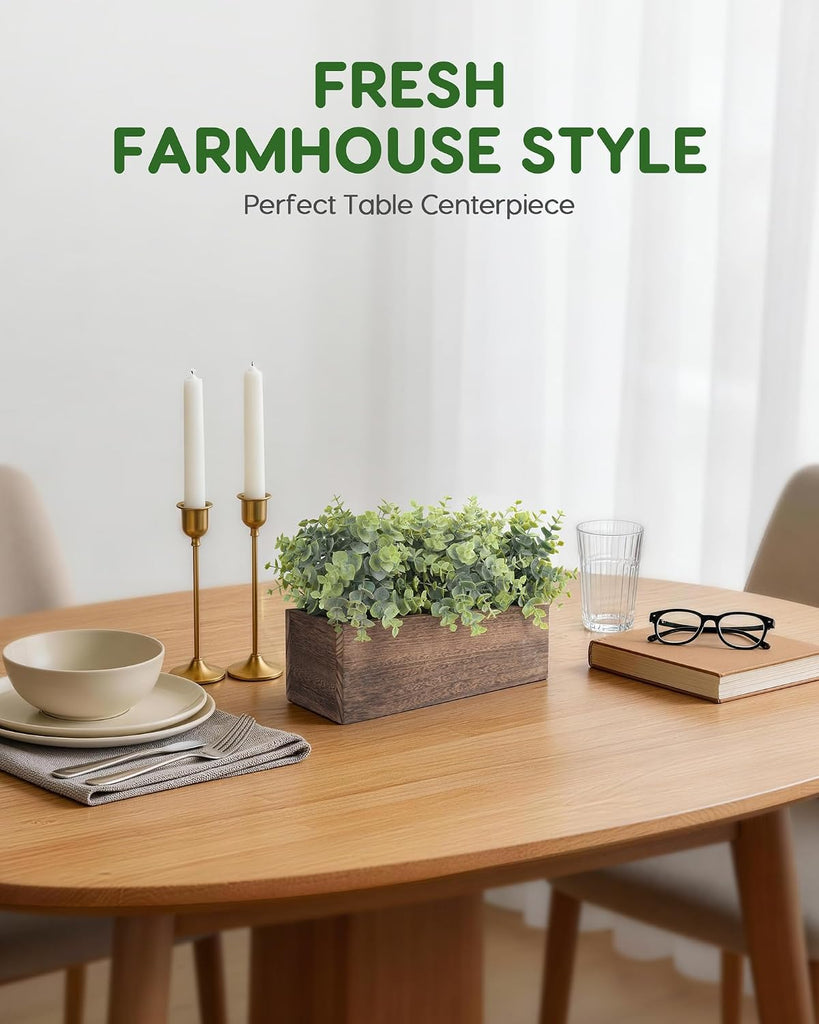 14" Artificial Eucalyptus Plants in Rustic Rectangular Wooden Planter Box, Fake Plants Centerpiece, Farmhouse Faux