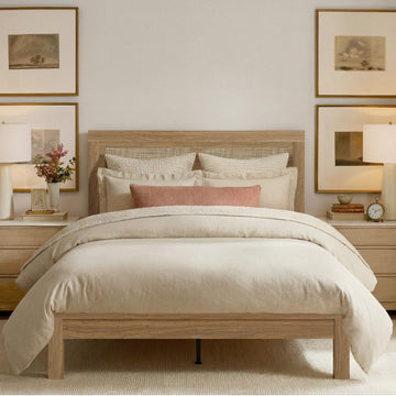 Queen Bed Frame with Headboard Wood, Rattan Boho Bedframe with Wooden Slats Surpport, Easy Assembly Platform Bed, No