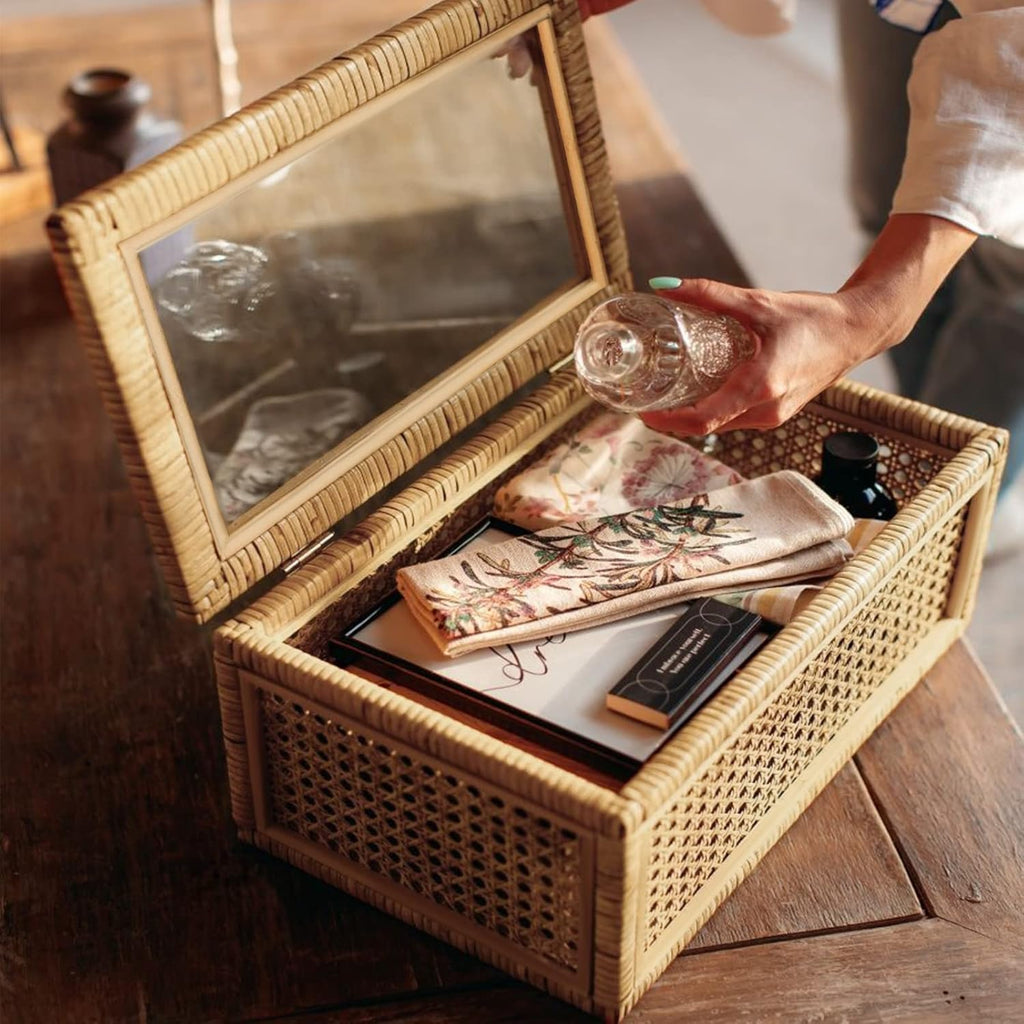 Large Handwoven Boho Rattan Display Boxes with Glass Lids Set of 2 | Rectangular Decorative Storage Bins Natural