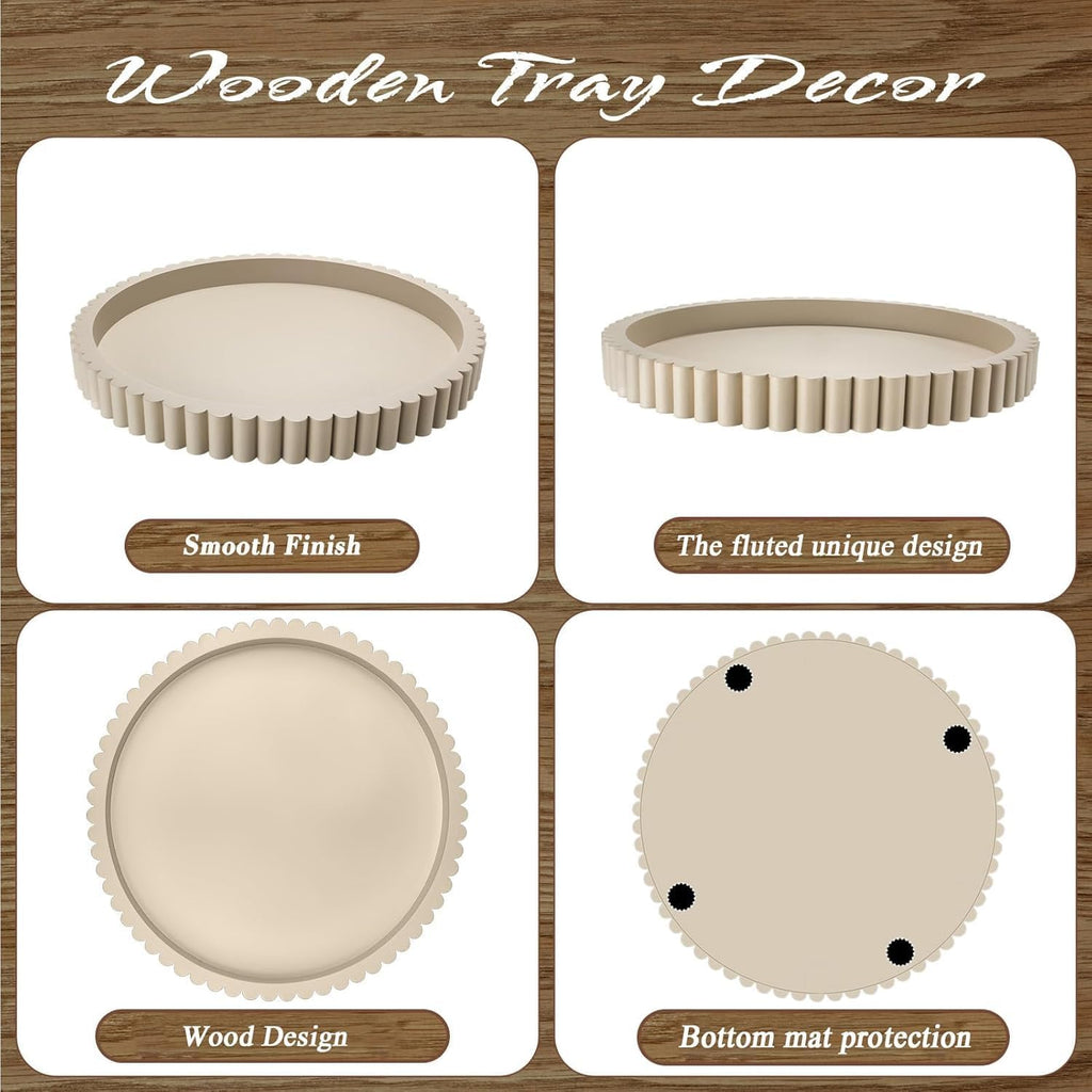 12in Decorative Tray for Coffee Table Tray Decor, Gray Wooden Decorative Round Tray for for Coffee Table, Dining Room
