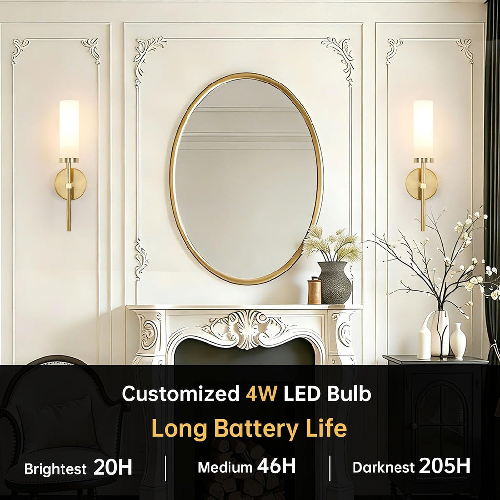 Battery Operated Wall Sconces Set of 2, Gold Rechargeable Wall Lighting Fixtures, Dimmable Wall Lights with Remote &