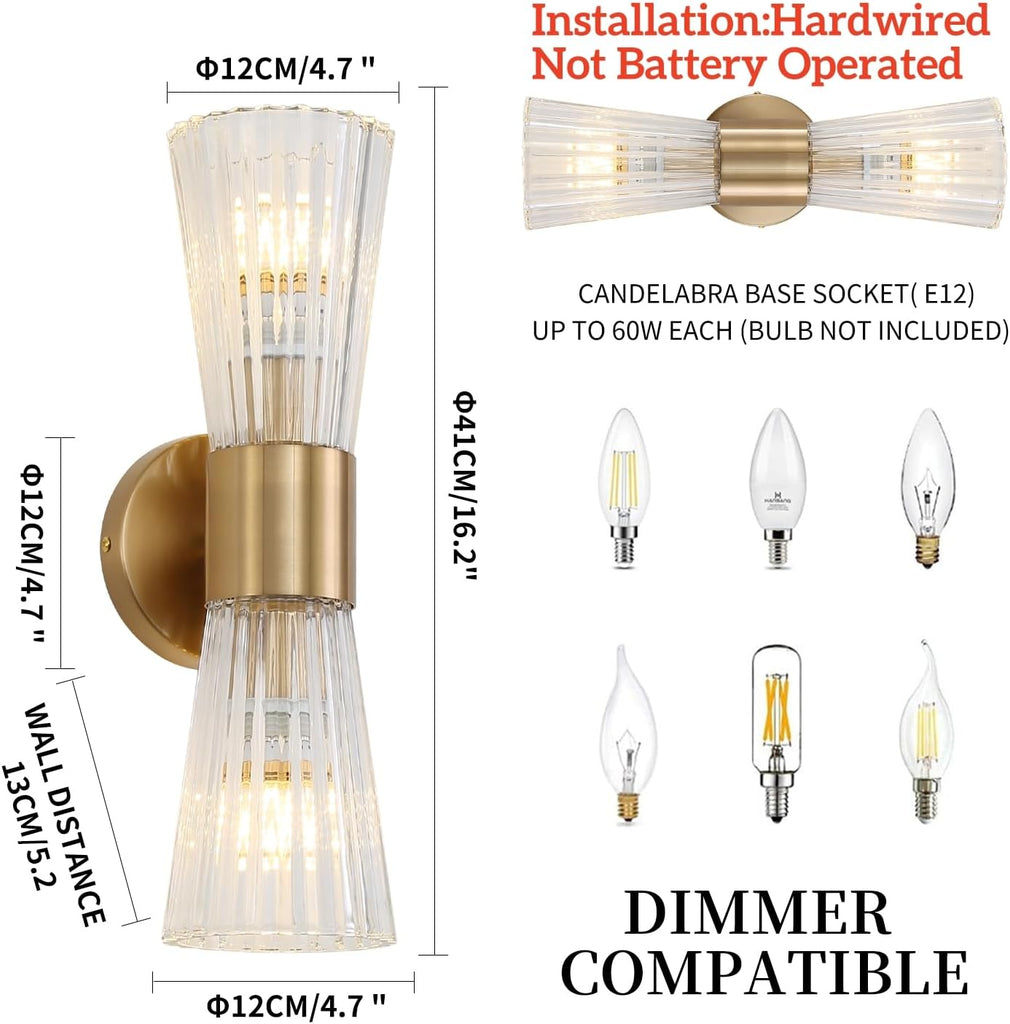 Mid-Century Modern Wall Lights with Crystal Glass Shade, 2-Light Glass Bathroom Vanitys Lights Gold Wall Sconces