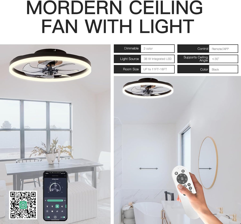20'' Modern Low Profile Ceiling Fan with Light, Bedroom LED Ceiling Fan with Remote Control