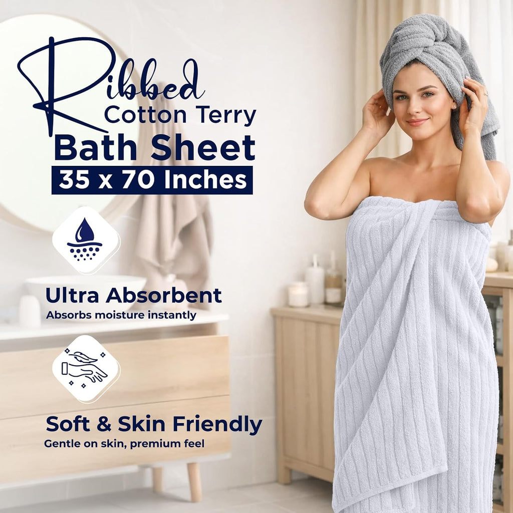 Ribbed Extra Large Bath Sheets Pack of 2, 35 x 70 Inches, White | Oversized Bath Sheets with Full Body Coverage