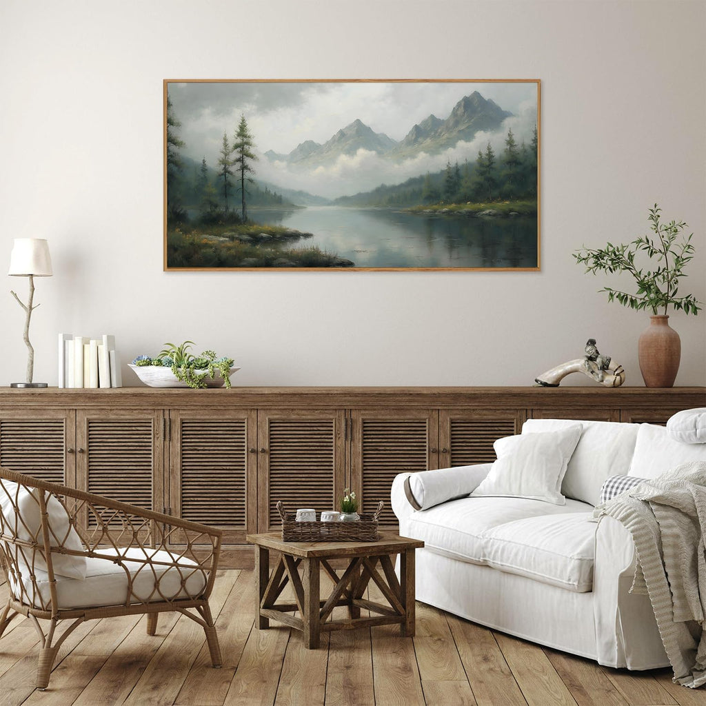 Large Green Forest Framed Canvas Wall Art, Misty Mountain Lake Wall Decor, Modern Foggy Wood Landscape Artwork