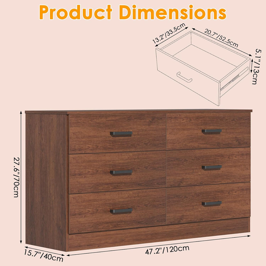 Wood Dresser , 6 Drawer Double Dresser, Mid Century Modern Chest of Drawers with Deep Drawers, Large Storage