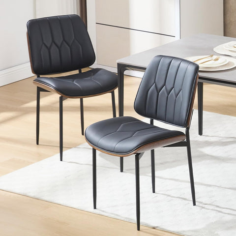Mid-Century Modern Dining Chairs Set of 2, Upholstered PU Leather Accent Chairs with Walnut Bentwood Back, Armless Kitchen Chairs, Black