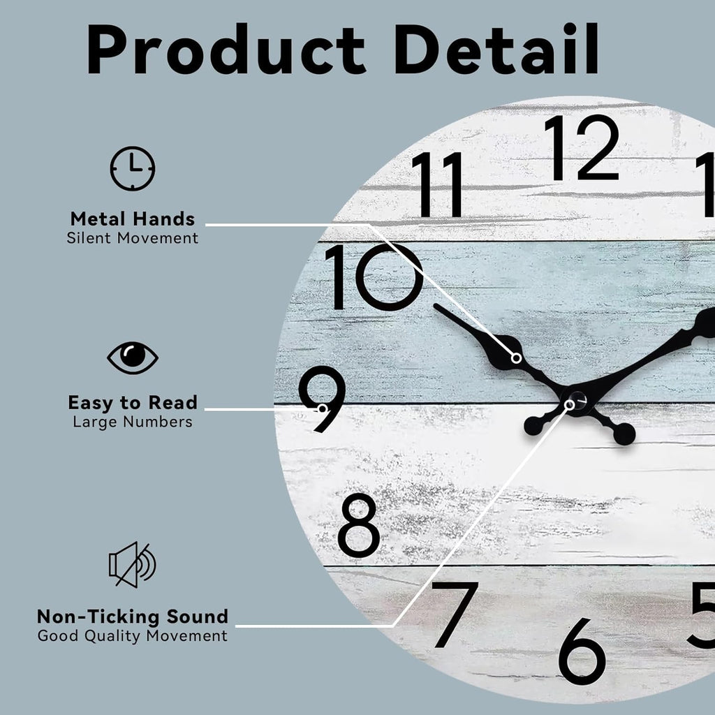 Wall Clock Silent Non-Ticking 14 Inch Battery Operated Country Large Retro Rustic and Beach Style Decorative for Living Room, Kitchen, Home,Bathroom, Office (Blue)
