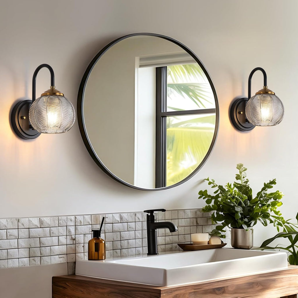 Bathroom Vanity Light Fixtures, 1-Light Smoky Gray Glass Shade, Modern Black and Gold Wall Sconce, Unique Textured