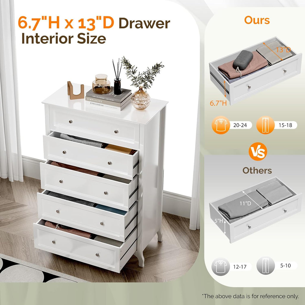 White Dresser 5 Drawer Chest of Drawers , 44.5" Tall Wood Dresser with Drawers, 29.92" W*15.75" D*44.49" H