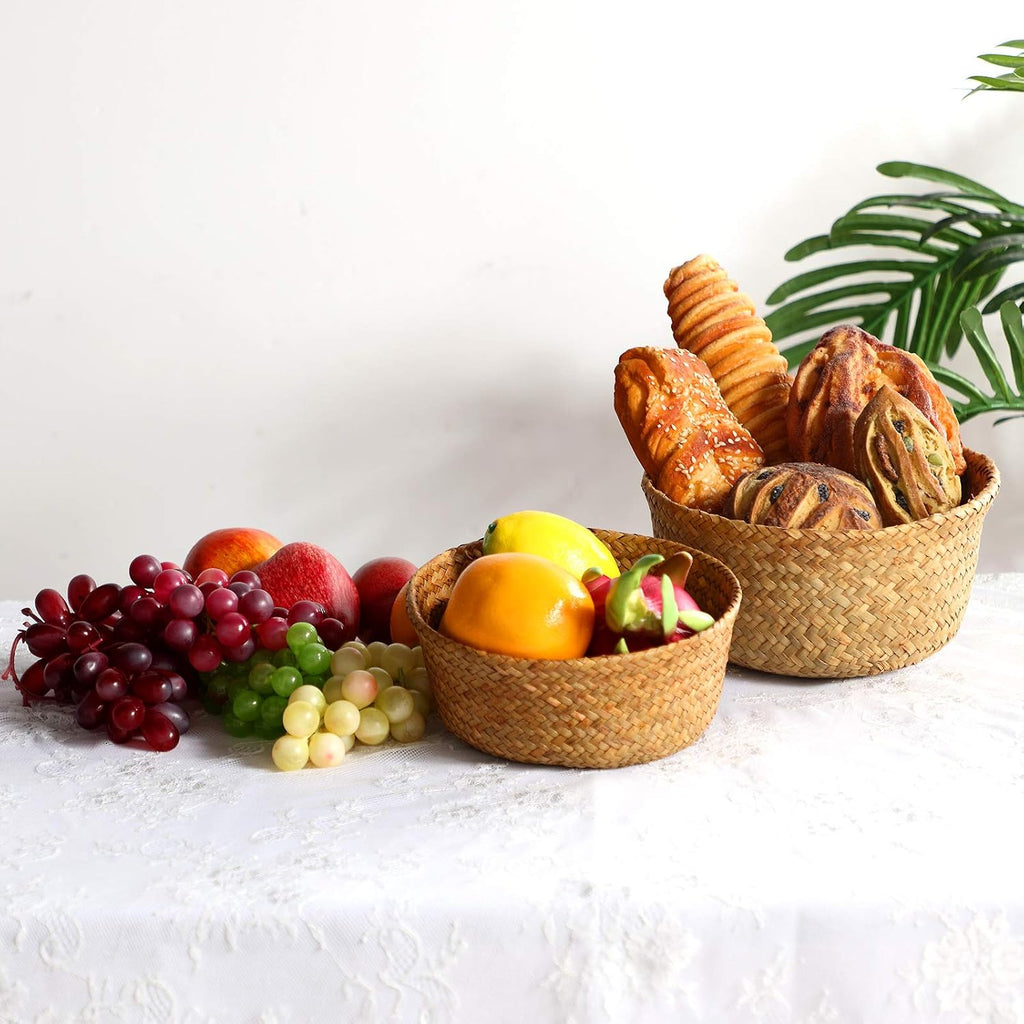 3 Set Seagrass Belly Storage Basket Woven Plant Pot Holder with Handles for Plants Picnic Grocery Laundry(Natural