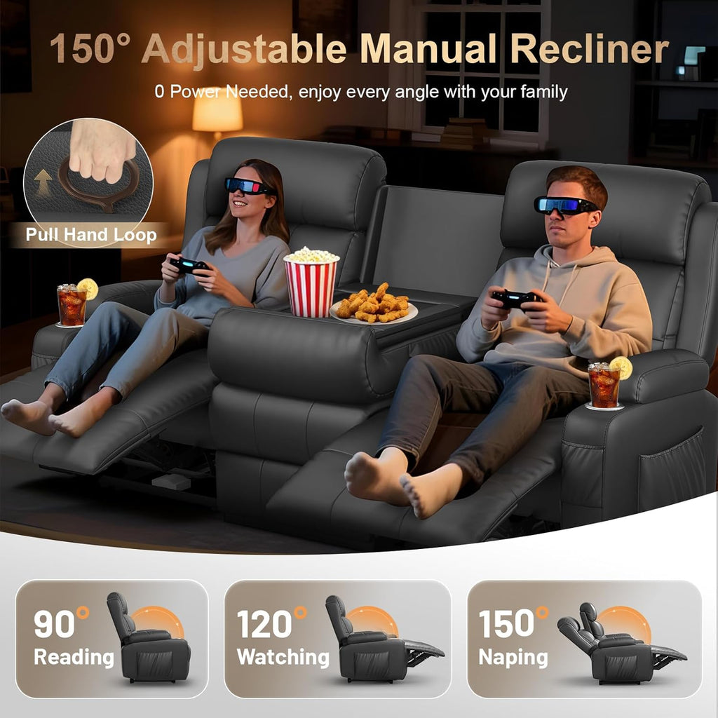 3-Seater Loveseat Recliner Sofa, Home Theater Seating Reclining Couch with Flip Middle Backrest