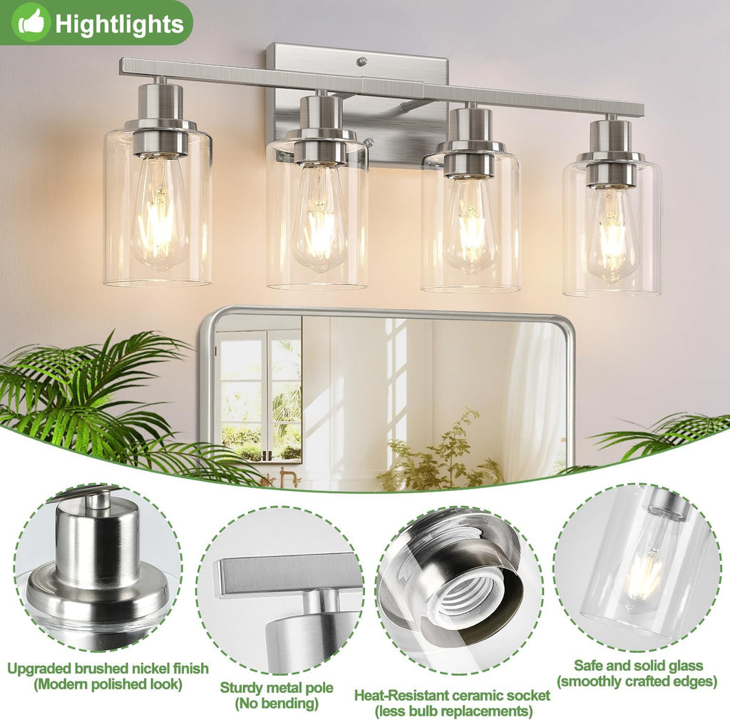4-Light Bathroom Light Fixtures, Brushed Nickel Modern Vanity Lights with Clear Glass Shades, Bathroom Wall Lamp for