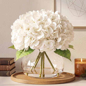 Real Touch Artificial Hydrangea in Vase,Premium Faux Flowers with Faux Water Decoration,Coffee,Table,Wedding,White