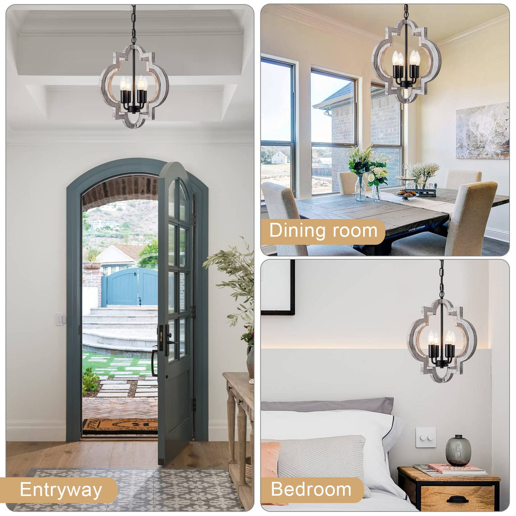 4-Light 15" Farmhouse Orb Chandelier Rustic Handmade Distressed White Wood Hanging Ceiling Pendant Light Fixture Wood