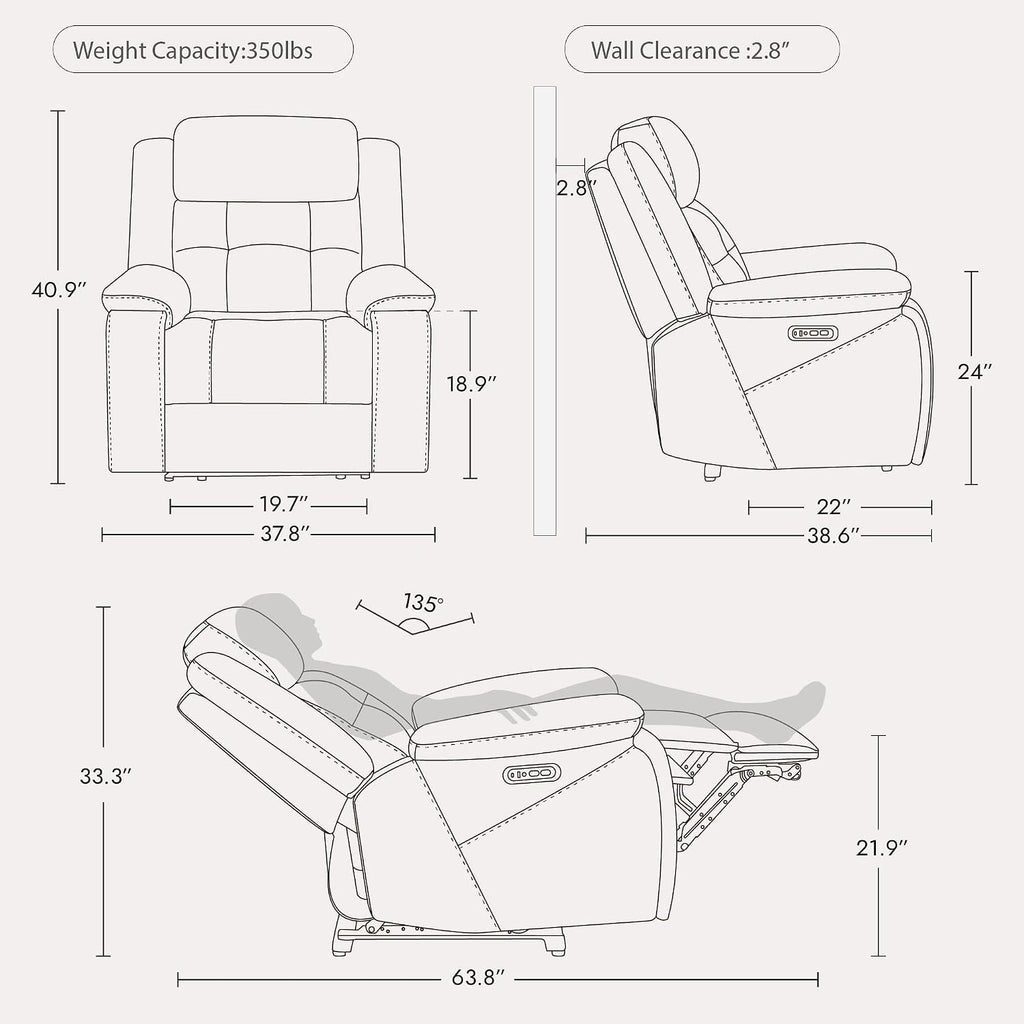 Genuine Leather Power Recliner Chair for Adults, Wall Hugger Recliner with Power Headrest, Cup Holders & Charging