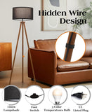 Wood Tripod Floor Lamp Modern Standing Lamp with Black Drum Shade, Industrial Tall Reading Lamp Living Room Bedroom