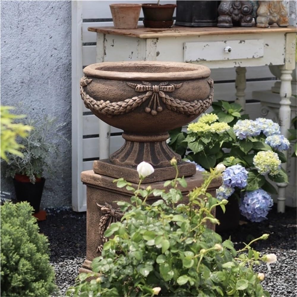 Vintage Magnesium Oxide Flower Pots, Large Urn Planter with Wide Pot | Freestanding Pedestal Planter, Fluted Planter