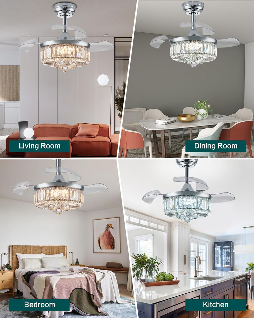 30 Inch Crystal Fandelier Ceiling Fan with Light Dimmable Chandelier Ceiling Fans with Lights ,Chrome