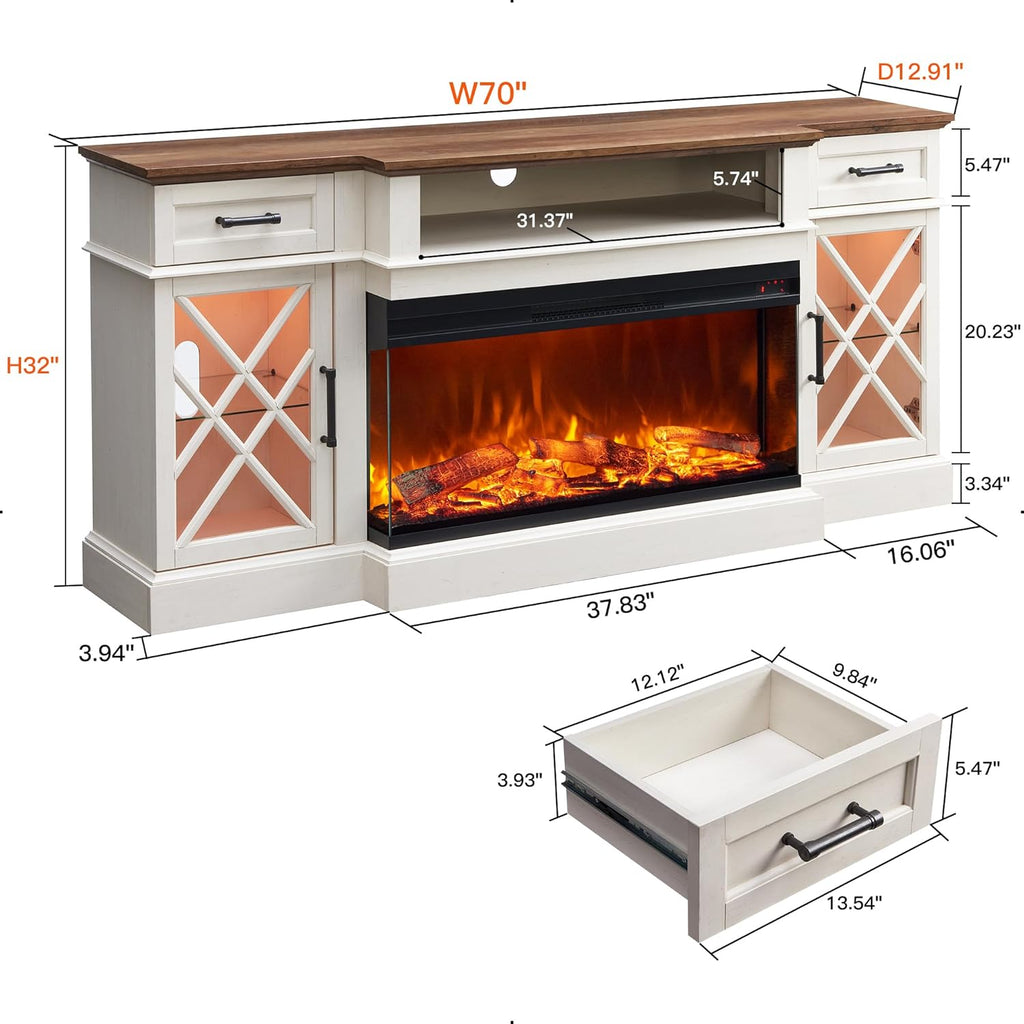 3-Sided Glass Farmhouse Electric Fireplace TV Stand for TVs up to 80'', Highboy Entertainment Center with Glass Door Storage Cabinet, 70'' Large TV Stands with 36'' Fireplace, Antique White