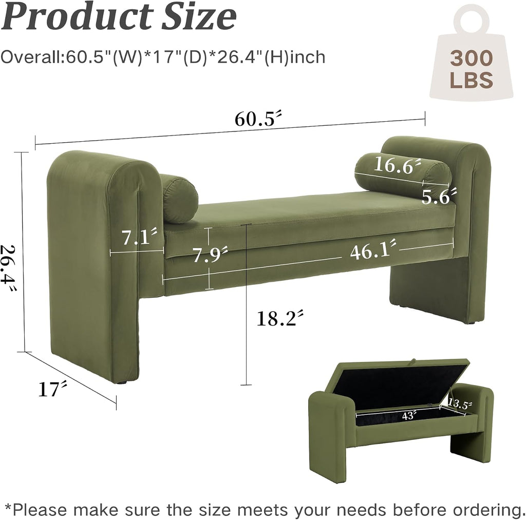 Modern Velvet Bench End of Bed, 60.5" Upholstered Rolled Armed Button Tufted Stool Bench with Storage, Sofa Ottoman