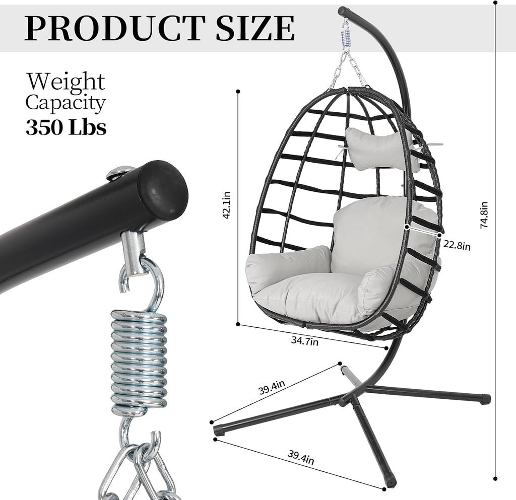 Hanging Egg Chair with Stand, Indoor Outdoor Rattan Wicker Egg Swing Chair with Cushion, Patio Hammock Chair for