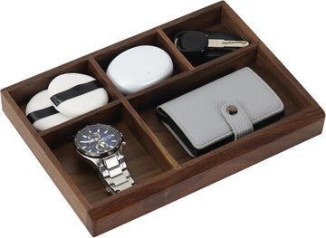 5-Slot Walnut Valet Tray, Wooden Nightstand & Desk Organizer