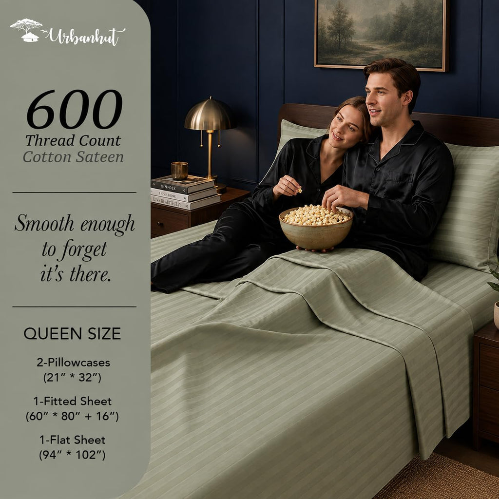 100% Cotton Sheets Luxury 600 Thread Count Damask Queen Size - Sage