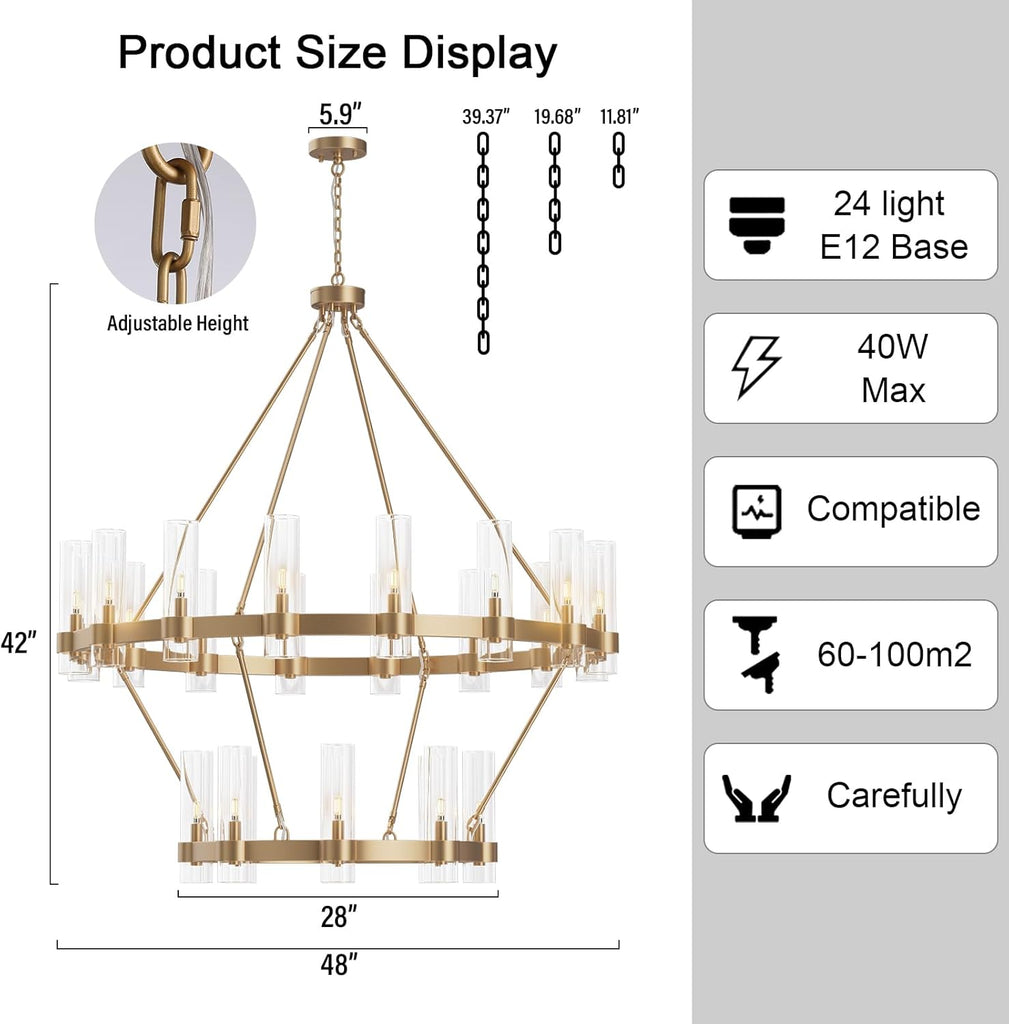 Inspired Ravelle Style 24-Lights Gold Chandelier,Wagon Wheel Chandelier with Glass Shade,48 Inch Large Round Industrial High Ceilings Pendant Lighting Fixture for Dining Room, Living Room, Kitchen Island, Foyer