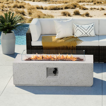 Outdoor Propane Fire Pit Coffee Table, 42-inch x 13-inch Terrazzo Rectangle Base Patio Heater w Certified