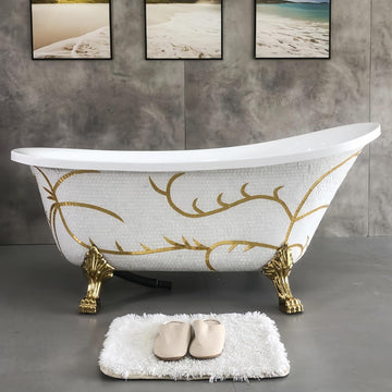 54" Edeyeu Freestanding Bathtub - Solid Surface Soaking Tub With Gold Clawfoot Elegance, Designer Free Standing