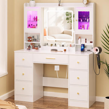 White Makeup Vanity Desk with Mirror and LED Lights,Large Make Up Vanity Table with Lighted Mirror 7 Drawers,Modern