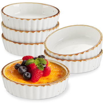 4 oz - Oven Safe Shallow with Brown Rim for Creme Brulee - Speckled, Fluted, Set of 6