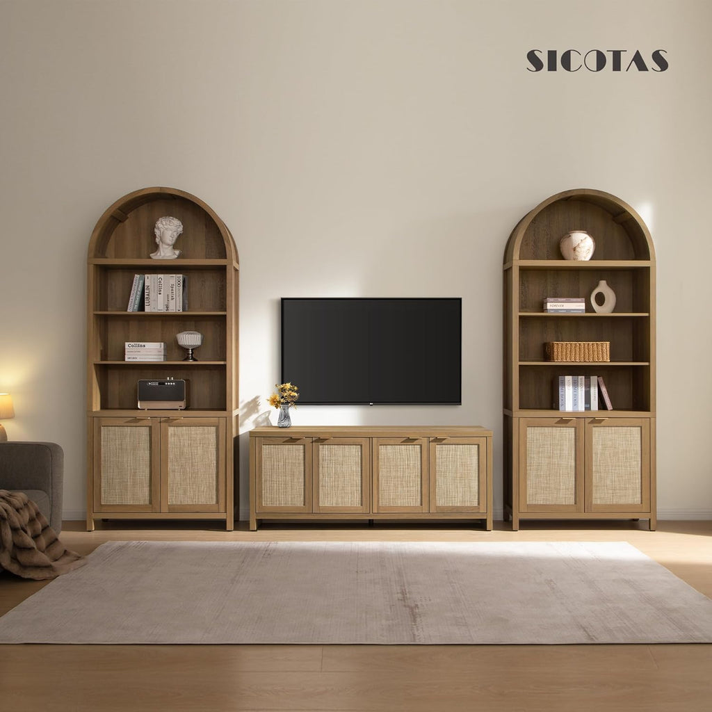 Book Shelf Arched Cabinet Bookshelf Arch 84.2" Tall Bookcase 5 Tier Large Bookshelves with Doors Storage Rattan Boho