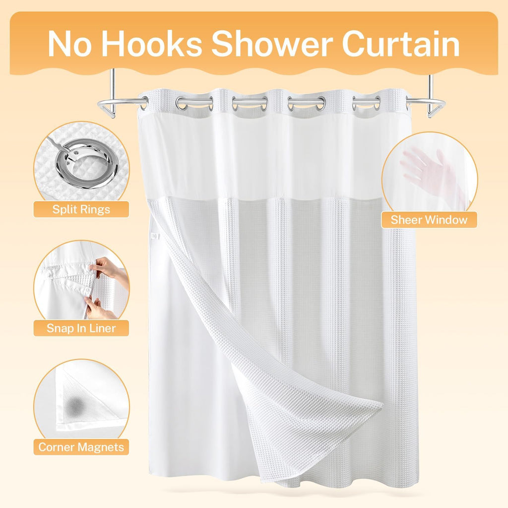 White Cotton Blend Fabric Shower Curtain Set with Liner, 71x74 | Waffle Weave, No Hook Needed, with Snap in