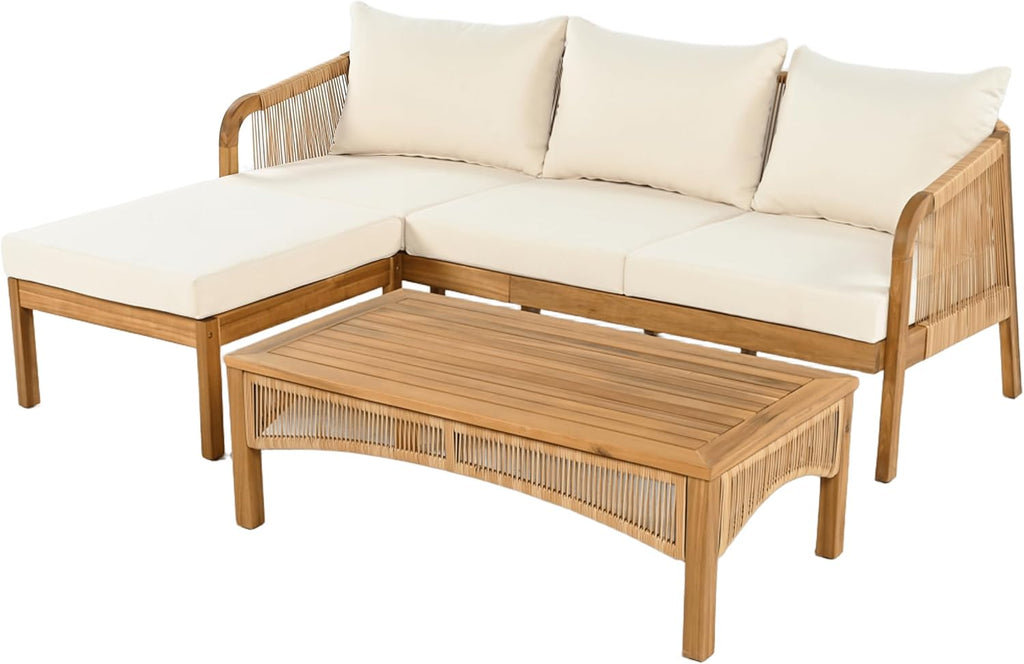 Havets 3 Pieces Acacia Wood Patio Furniture Set, Faux Rattan Sofa and Coffee Table, Outdoor Conversation Sets with 6"