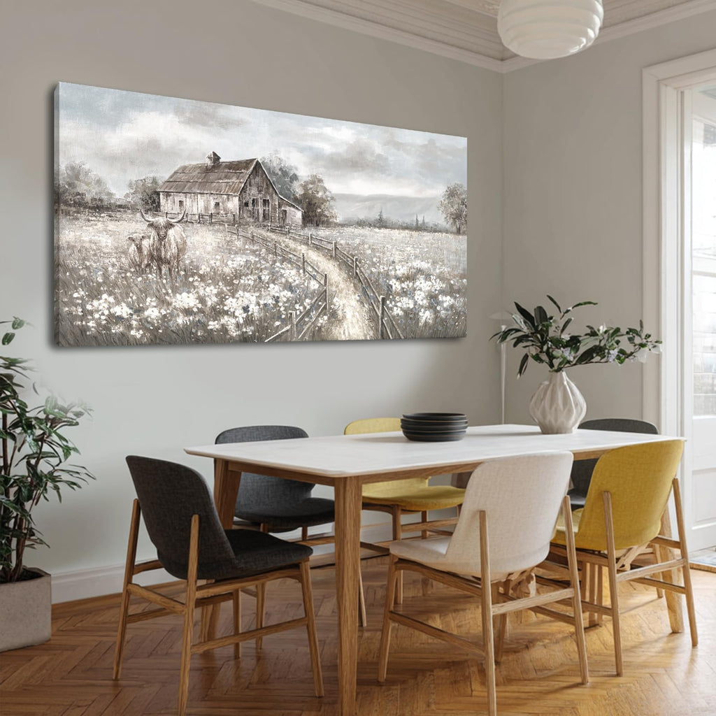 Neutral Greige Highland Cow Canvas Wall Art, Rustic Country Cottage Landscape with Meadow Flowers, Large Horizontal