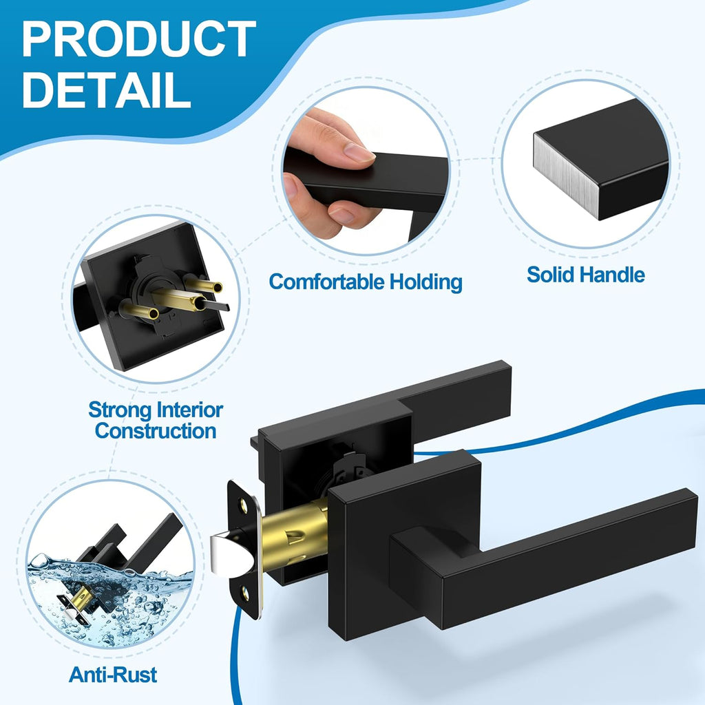4 Pack Black Door Handles Interior, Passage Door Levers Closet Door Knobs Heavy Duty Square Non-Locking Handlesets