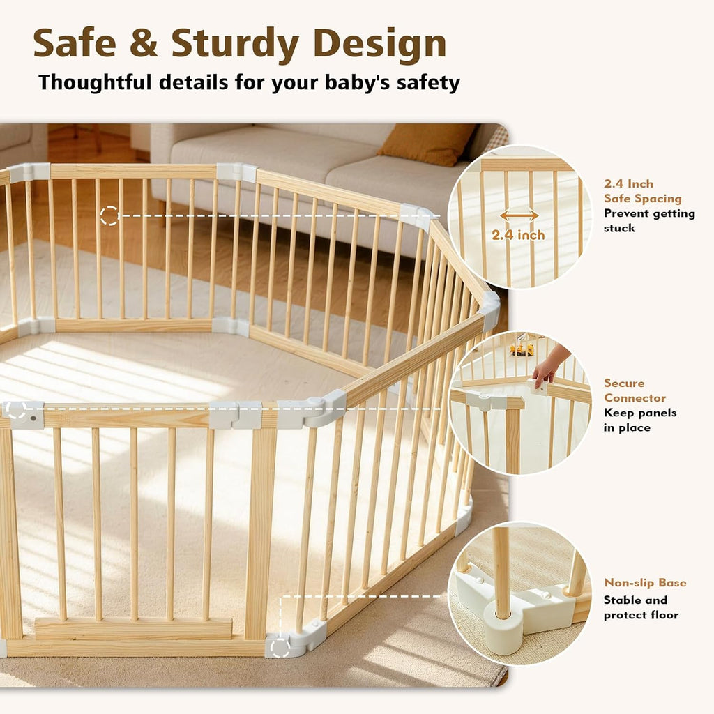 Baby Playpen, 56 * 56 * 24 inches Wooden Play Yard with Gate for Babies | Child-Proof Lock, Activity Center