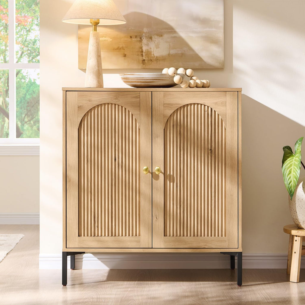 Modern Buffet Cabinet with Storage, 34" Tall Fluted Arched Sideboard Cabinet w/Adjustable Shelves